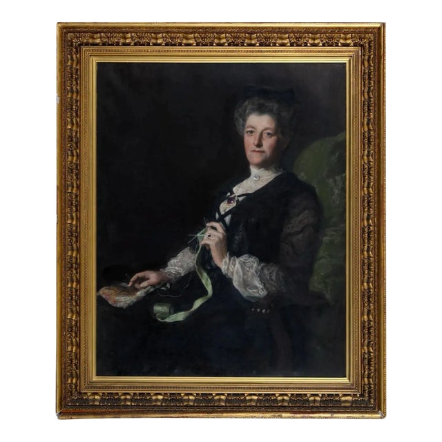 Large Victorian Oil Portrait Painting of a Lady Knitting, Possibly Lady Laing (1831–1913) John Maler Collier For Sale