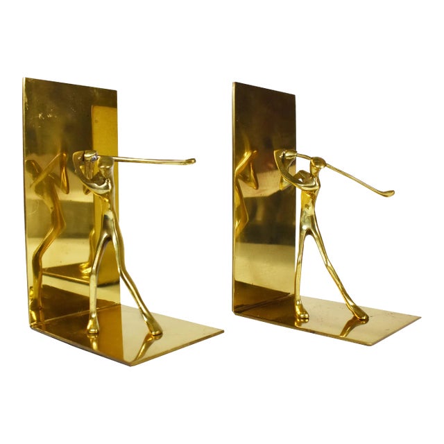 Mid 20th Century Minimal Modern Gold Brass Golfer Golf Player Bookends Made in Korea - a Pair For Sale