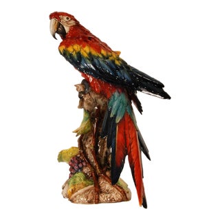 Art Deco Italian Majolica Animal Bird Figurine Ceramic Hand Crafted Macaw Parrot Animal Sculpture Tariff Free Delivery For Sale