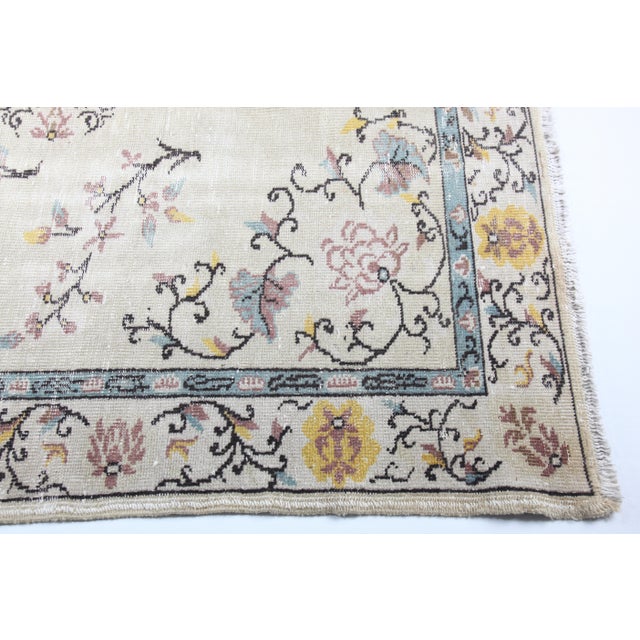 Cream Vintage Turkish Floral Carpet – Hand-Knotted Elegance in Soft Pastels -6' 7'' X 10' For Sale - Image 8 of 13