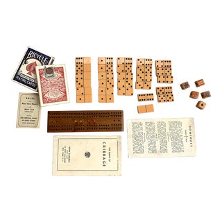 Vintage Games Set: Dominos, Cribbage, Poker Dice, Playing Cards For Sale