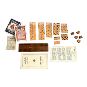 Vintage Games Set: Dominos, Cribbage, Poker Dice, Playing Cards
