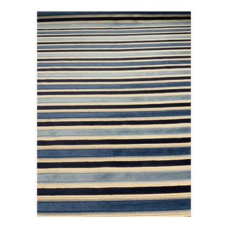 Transitional Blue and Cream Cut Velvet Striped Designer Fabric - 5.5 Yards For Sale