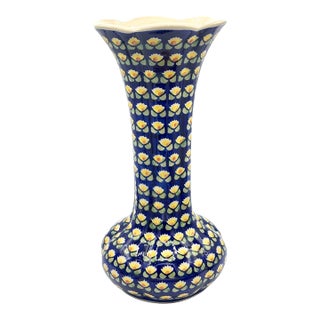 Vintage MCM Polish Pottery Boleslawiec Large Ceramic Blue Floral Artist Signed Vase For Sale