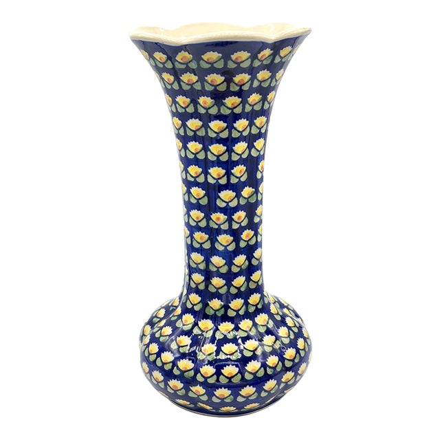 Vintage MCM Polish Pottery Boleslawiec Large Ceramic Blue Floral Artist Signed Vase For Sale