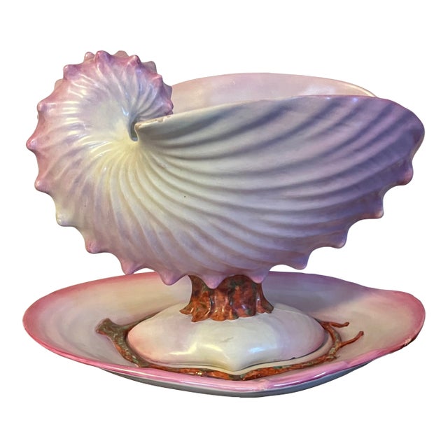 Antique 19th Century Wedgwood Pearlware Centerpiece - Pink Nautilus Sea Shell Compote Tureen With Clam Shell Under Tray For Sale