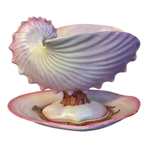 Antique 19th Century Wedgwood Pearlware Centerpiece - Pink Nautilus Sea Shell Compote Tureen With Clam Shell Under Tray