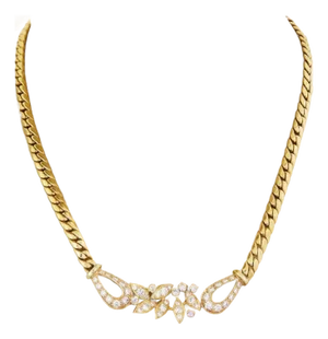 Floral Diamond Centerpiece 18k Yellow Gold Curb Link Collar Necklace