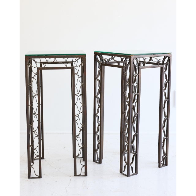 Pair of Pedestal Tables With Metalwork Frames and Glass Tops, Indoor/Outdoor For Sale In Atlanta - Image 6 of 15