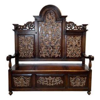 Victorian Carved Hall Bench with Storage Chest, 1800s For Sale