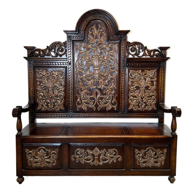 Victorian Carved Hall Bench with Storage Chest, 1800s For Sale