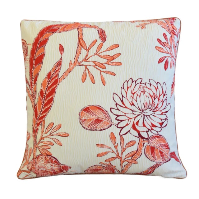 Custom-tailored pillow in French Lelievre cotton fabric called "Au Bord de L'eau" with a beautiful, coral sea life...