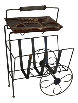 Vintage 1960's Mid-Century Mod Ceramic Sip & Smoke Ashtray on Record, Magazine Smoking Metal Cart/Stand
