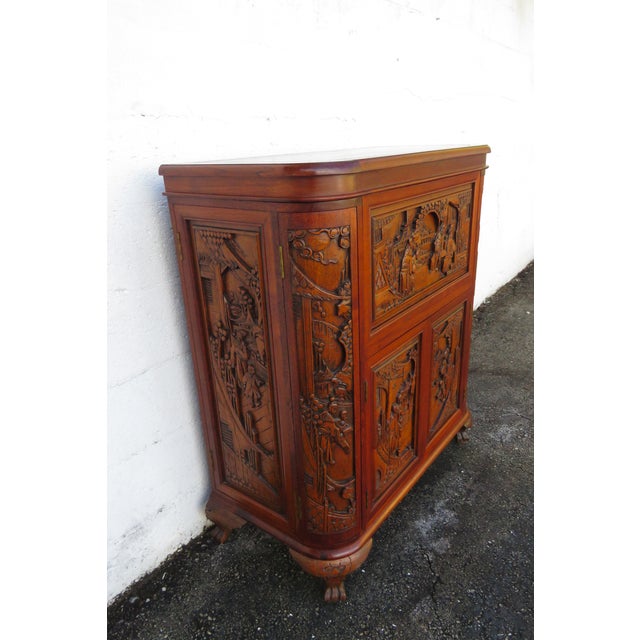 Heavy Hand Carved Solid Wood 1960s Oriental Dry Bar Cabinet For Sale - Image 4 of 18