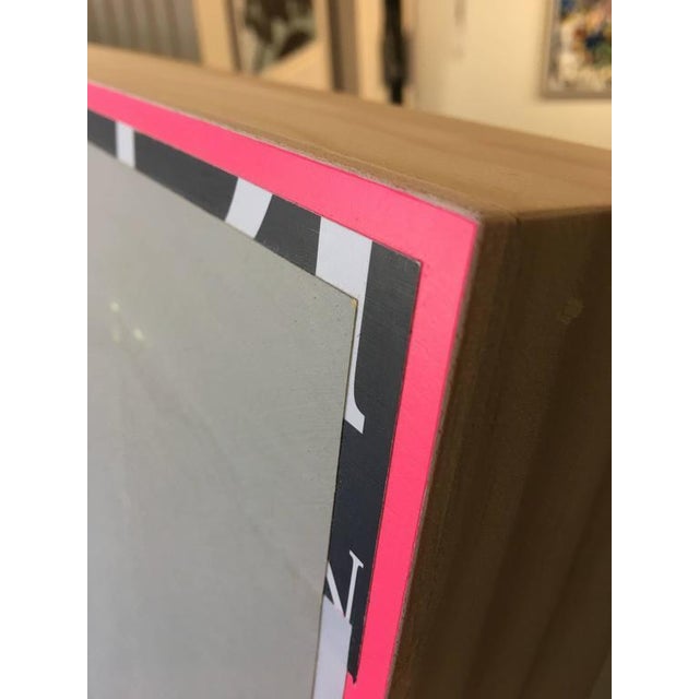 Mixed media painting on wood panel, with colors grey blue green black and white. medium: acrylic and paper