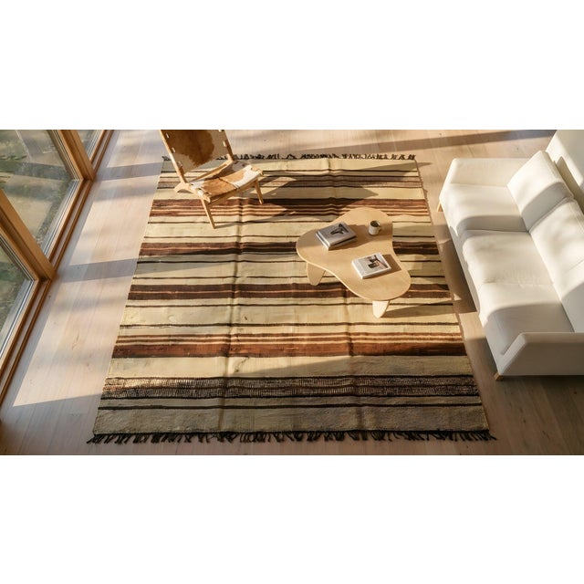 1940s Camel Red Stripe Mid Century Modern Antique American Rag Rug 8' 5'' X 11' 10'' Flatweave Carpet For Sale - Image 12 of 12