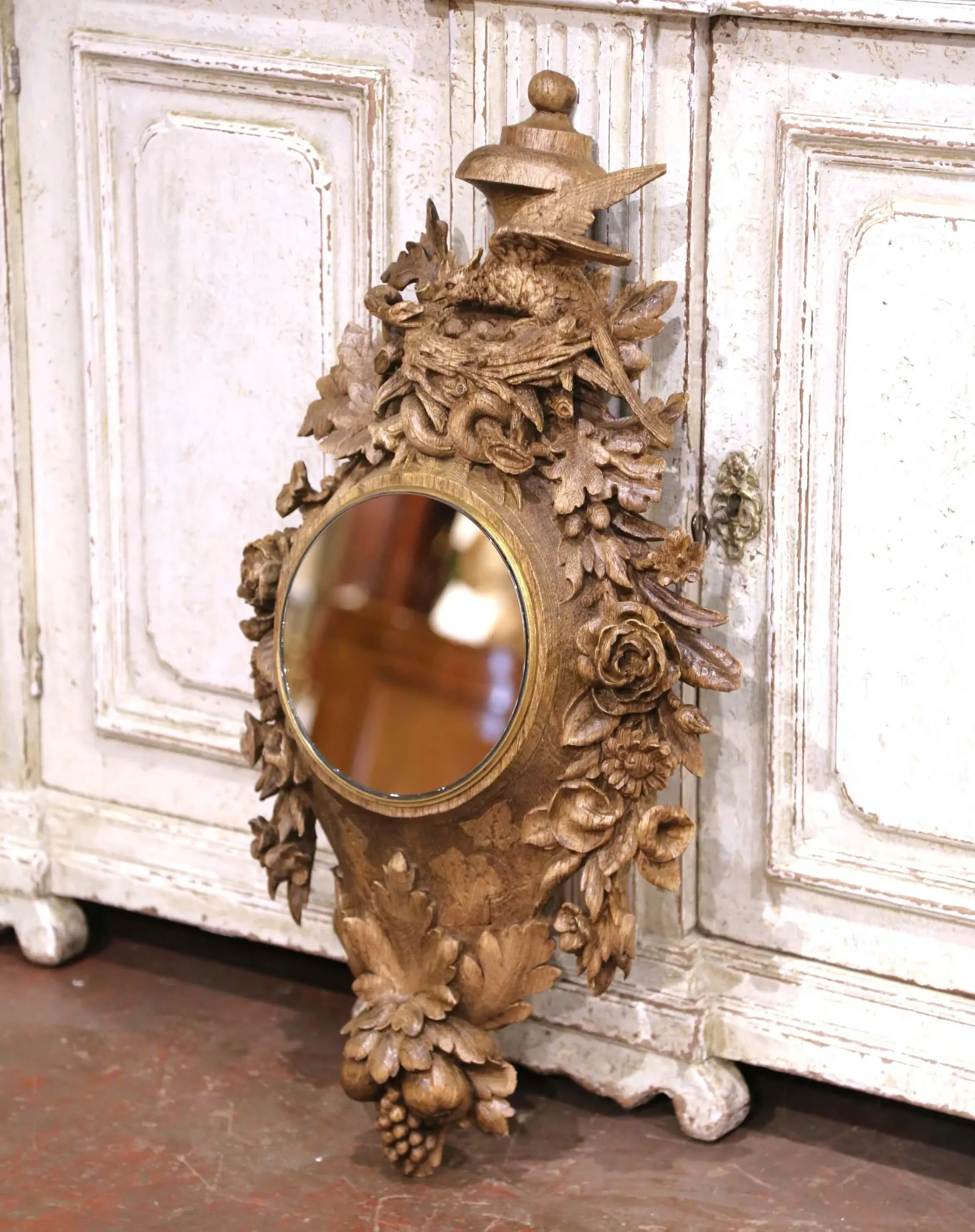 19th Century French Black Forest Carved Oak Mirror With Bronze