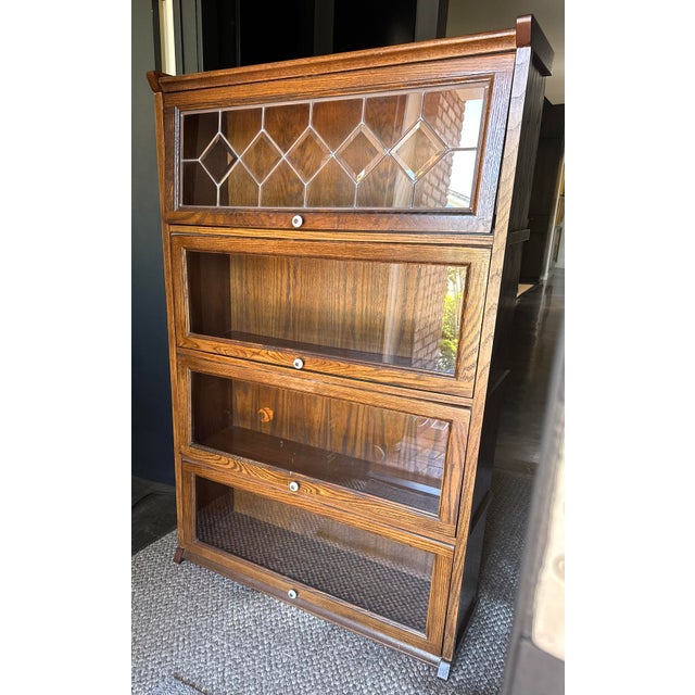 Mid Century Oak Wood Barrister Bookcase Lawyers Four Shelves Glass Doors Antique Vintage For Sale - Image 12 of 12