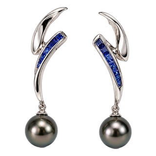 18K White Gold Princess Cut Sapphire Grey Tahitian Pearl Dangle Drop Earrings For Sale