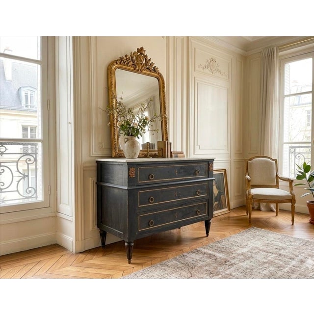 Wood Antique French Louis XVI Style Marble Top Commode Chest - Ebonized Black & Gold For Sale - Image 7 of 7
