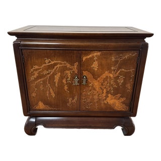 1970’s Asian Inspired Console Cabinet by Broyhill. Walnut With Decorative Brass Hardware. For Sale