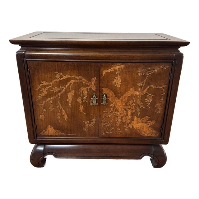 1970’s Asian Inspired Console Cabinet by Broyhill. Walnut With Decorative Brass Hardware. For Sale