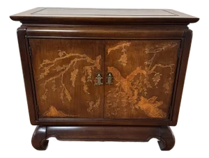 1970’s Asian Inspired Console Cabinet by Broyhill. Walnut With Decorative Brass Hardware.