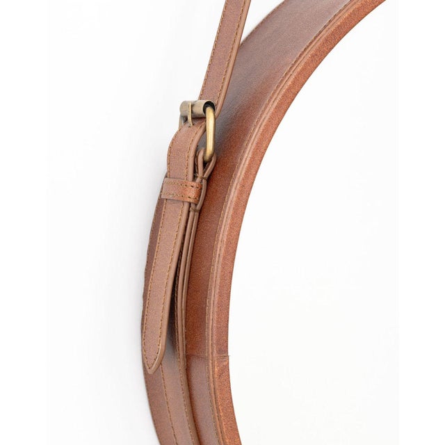 Contemporary Faux Leather Strap Framed Circular Mirror For Sale - Image 4 of 5