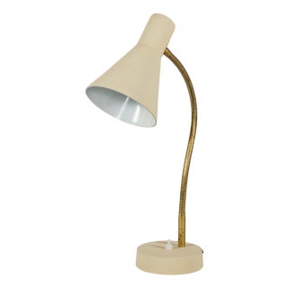 Vintage German Brass Gooseneck Desk Lamp with Cream Wrinkle Paint, 1950s For Sale