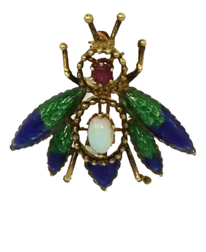 Opal Ruby Green & Blue Enamel 14k Yellow Gold Bee Brooch