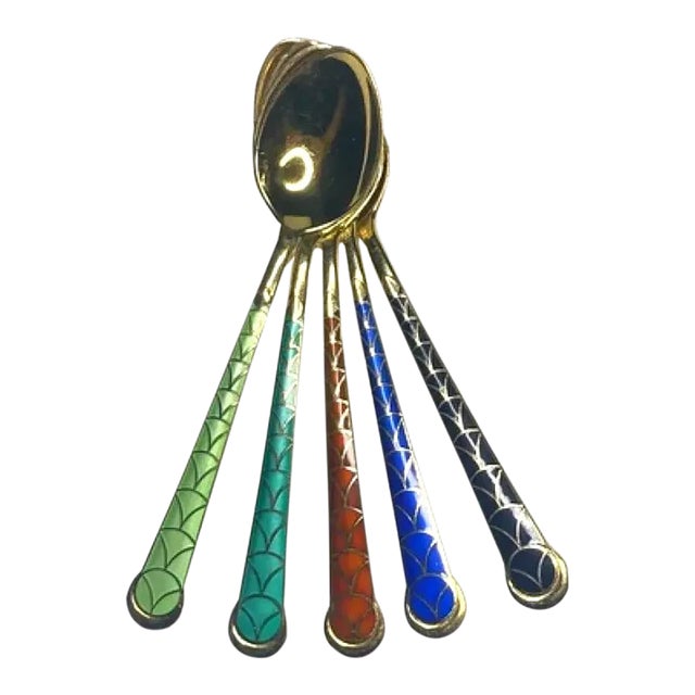 1960s Set of 5 Solid Sterling Enamel J Tostrup Tea / Demitasse Table Spoons For Sale