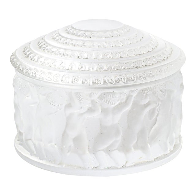 Mid-Century Modernist Crystal Les Enfants Lidded Powder Box Signed Lalique For Sale
