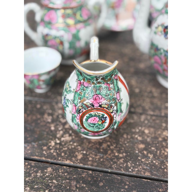 Ceramic Vintage Porcelain Rose Medallion Coffee Tea Service Set of 6 For Sale - Image 7 of 11
