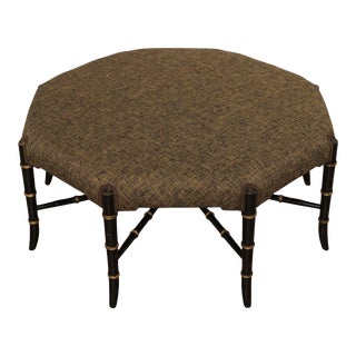 Late 20th Century Regency Style Faux Bamboo Black & Gold Octagonal Upholstered Ottoman For Sale