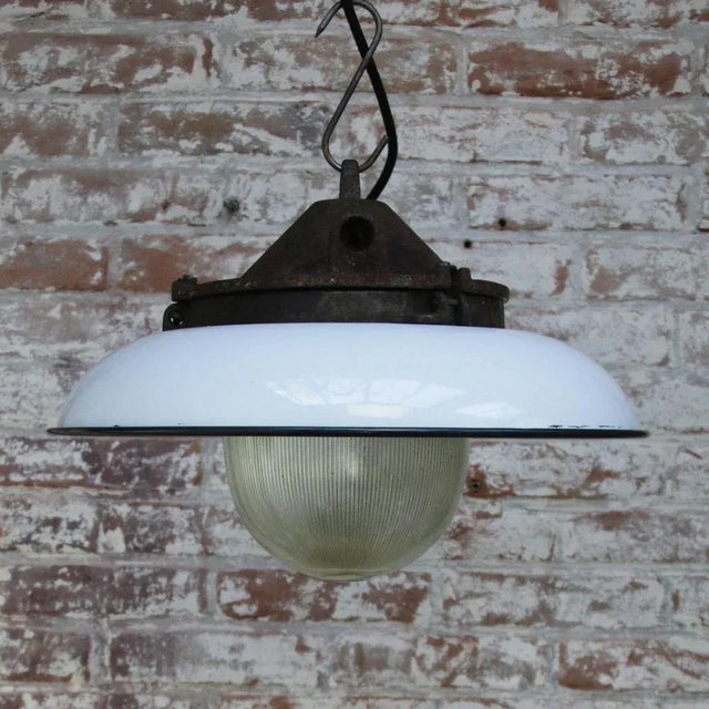 Glass Industrial White Enamel and Cast Iron Holophane Glass Pendant Light, 1950s For Sale - Image 7 of 8