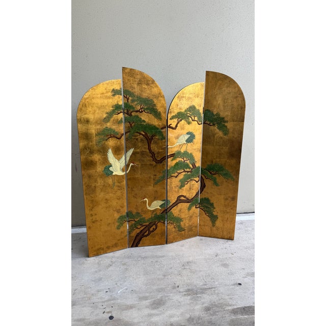 Chinese Vintage Chinese Lacquered Four-Panel Folding Screen With Cranes & Pine Trees For Sale - Image 3 of 16