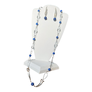 1990s Sterling Silver Lapis Lazuli Necklace Earrings Set - 3 Pieces