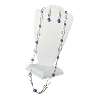 Sterling Silver Lapis Lazuli Necklace Earrings Set - 3 Pieces For Sale