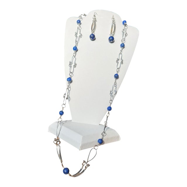 Sterling Silver Lapis Lazuli Necklace Earrings Set - 3 Pieces For Sale