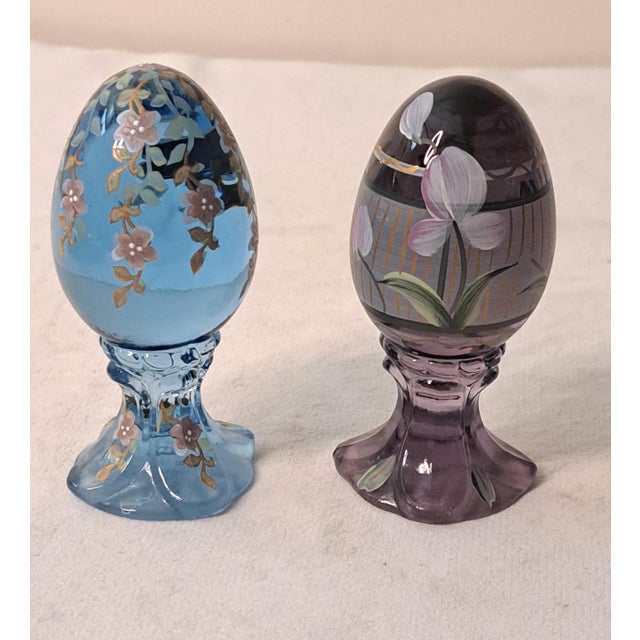 Mid-Century Modern Pair of Vintage Fenton Hand‑Painted Pedestal Eggs – Signed & Numbered Limited Editions For Sale - Image 3 of 12