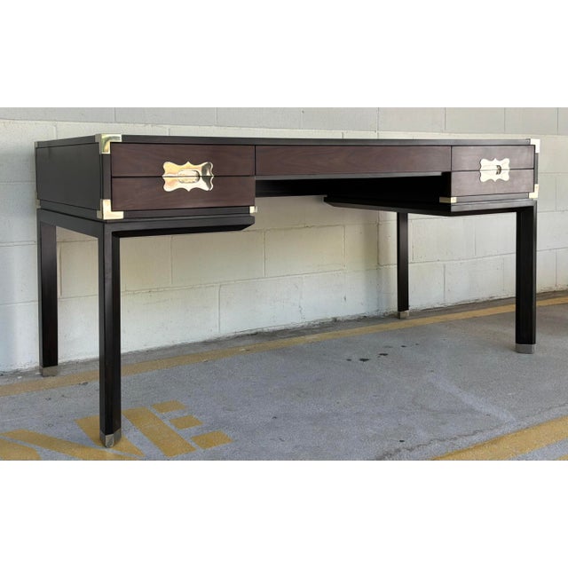 Original retail $6800, timeless Jonathan Charles Campaign Style Writing Desk, dark walnut finished wood case black legs,...