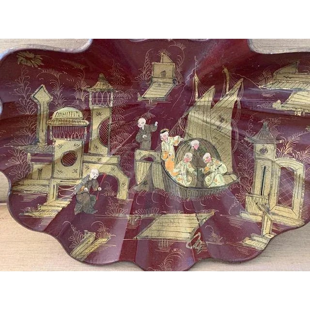 Antique French Chinsoiserie Papier Mache Dustpan & Brush - Deep Oxblood Red For Sale In Miami - Image 6 of 10