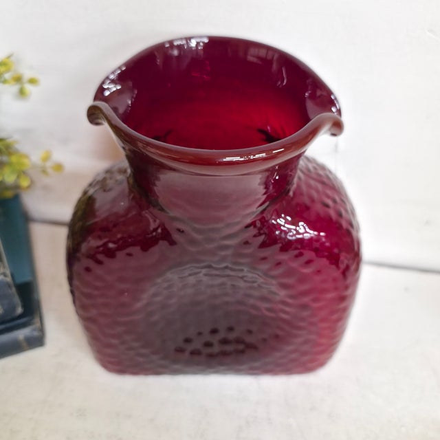 Ruby Red Vintage Ruby Red Textured Art Glass Vase MCM Sculptural Canteen Form Pinched Flared Rim 8” For Sale - Image 8 of 10