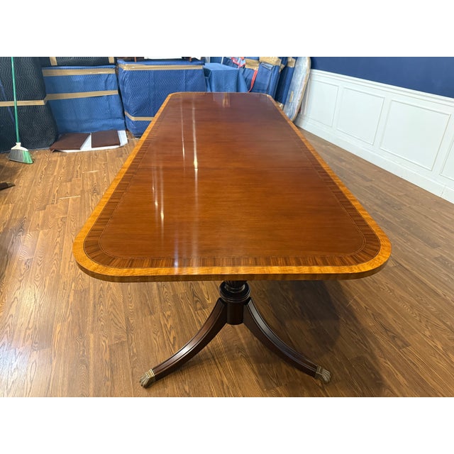 Traditional Multi-Banded Mahogany Double Pedestal Dining Table - Showroom Sample For Sale - Image 10 of 15