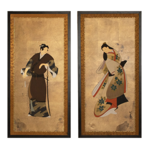 Showa Era Japanese Painted Panels "Samurai & Bijin", a Pair