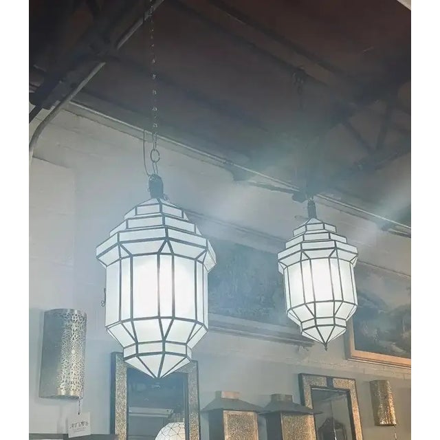 Art Deco Style White Milk Glass Handmade Chandelier, Pendant or Lantern For Sale - Image 9 of 12