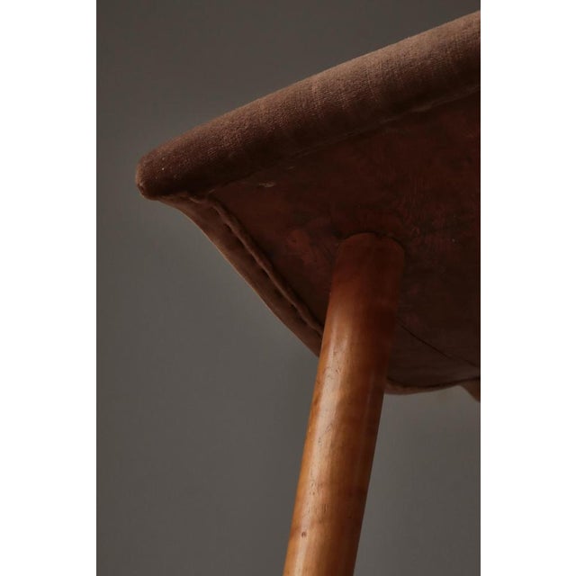 Swedish Modern Birchwood Stool with Curved Seat and Pearl-Studded Brown Velvet, 1940s For Sale - Image 9 of 14