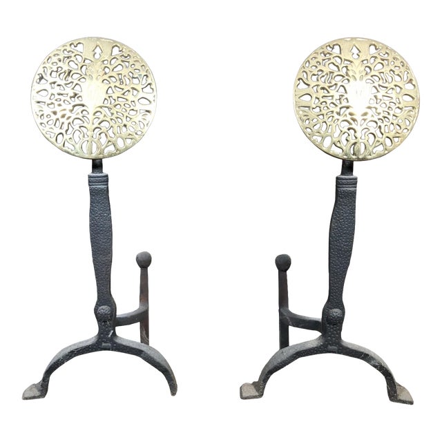 Antique English Iron and Brass Andirons—A Pair For Sale