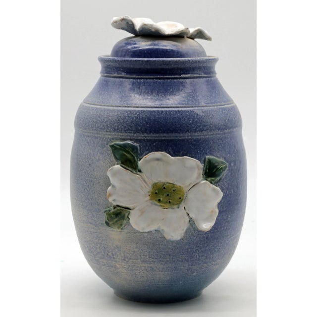 Jim Tripp Blue Stoneware Lidded Jar With Applied Floral Finial Signed 2008 For Sale - Image 4 of 8
