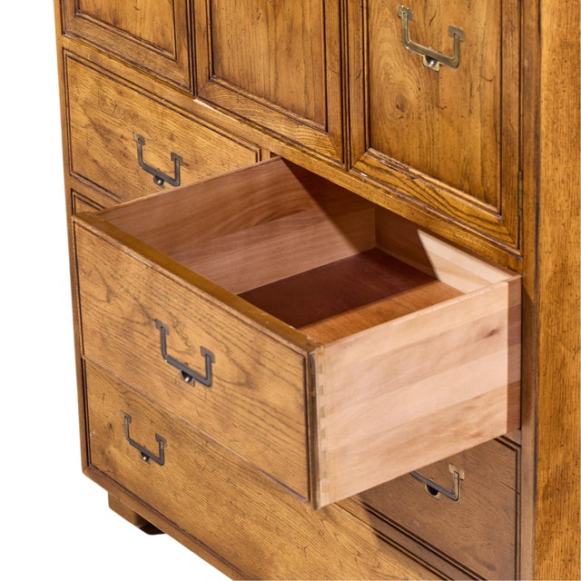 Brown Henredon Campaign Mid Century Oak and Brass Highboy Dresser Armoire For Sale - Image 8 of 10